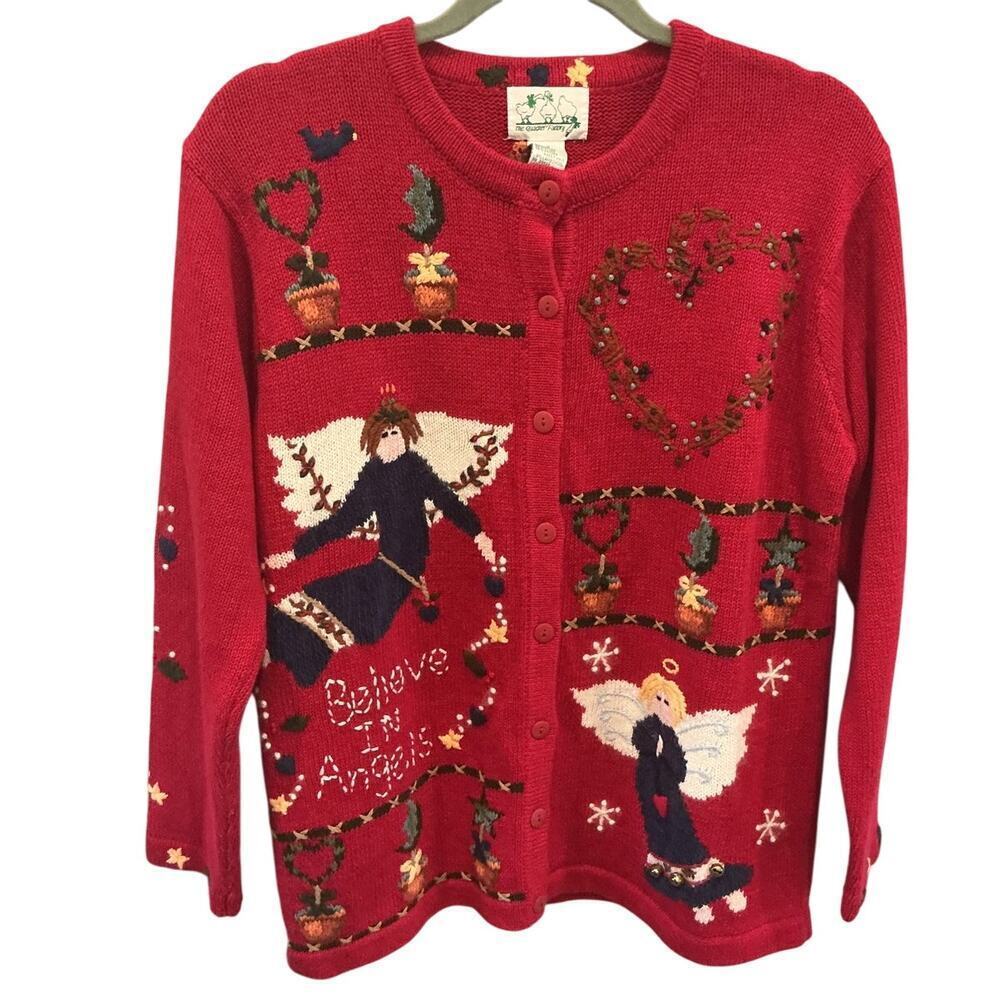 Quacker Factory Women Embroidered Cardigan Sweater I Believe in Angels Heart Red